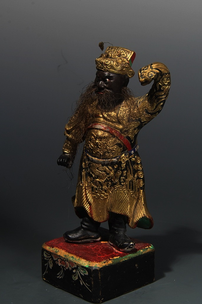 【造像艺术】文化遗产清代漆线雕泥塑武财神像高16cm,古代精品造像